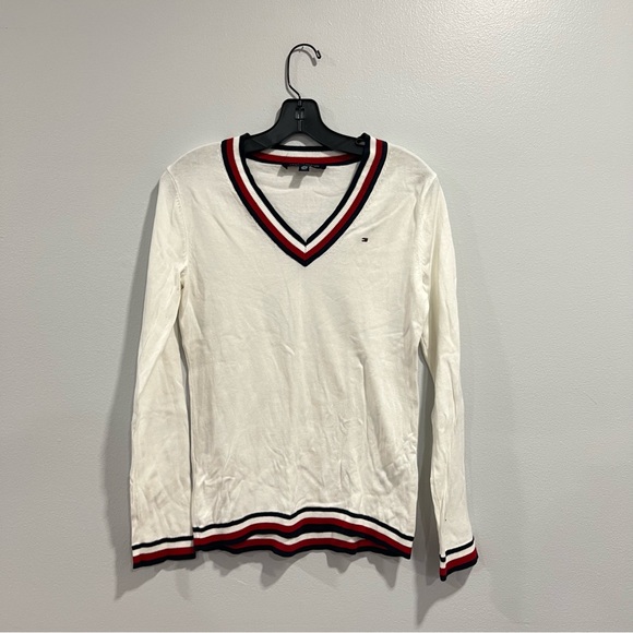 Tommy Hilfiger White V-Neck Sweater with Red and Navy Trim & Logo Embroidery - Picture 1 of 14
